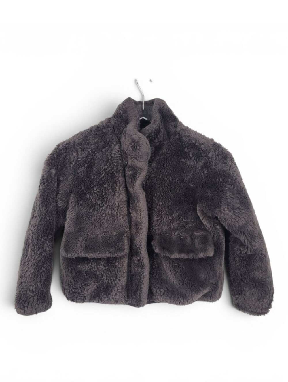 ZARA Kids Girls Charcoal Grey Faux Fur Fuzzy Teddy Jacket Coat Size 8-9